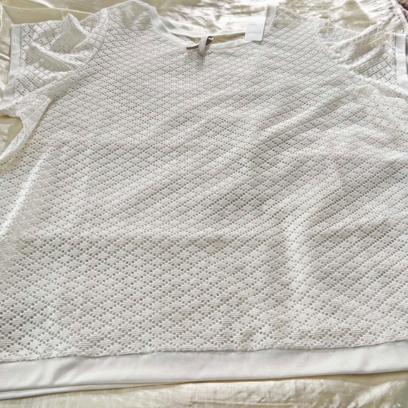 TOP, "EYELET" CUTOUTS, ALMOST WHITE, SIZE 5X, ROUND NECK, SHORT SLEEVES, POLYEST - Picture 1 of 6